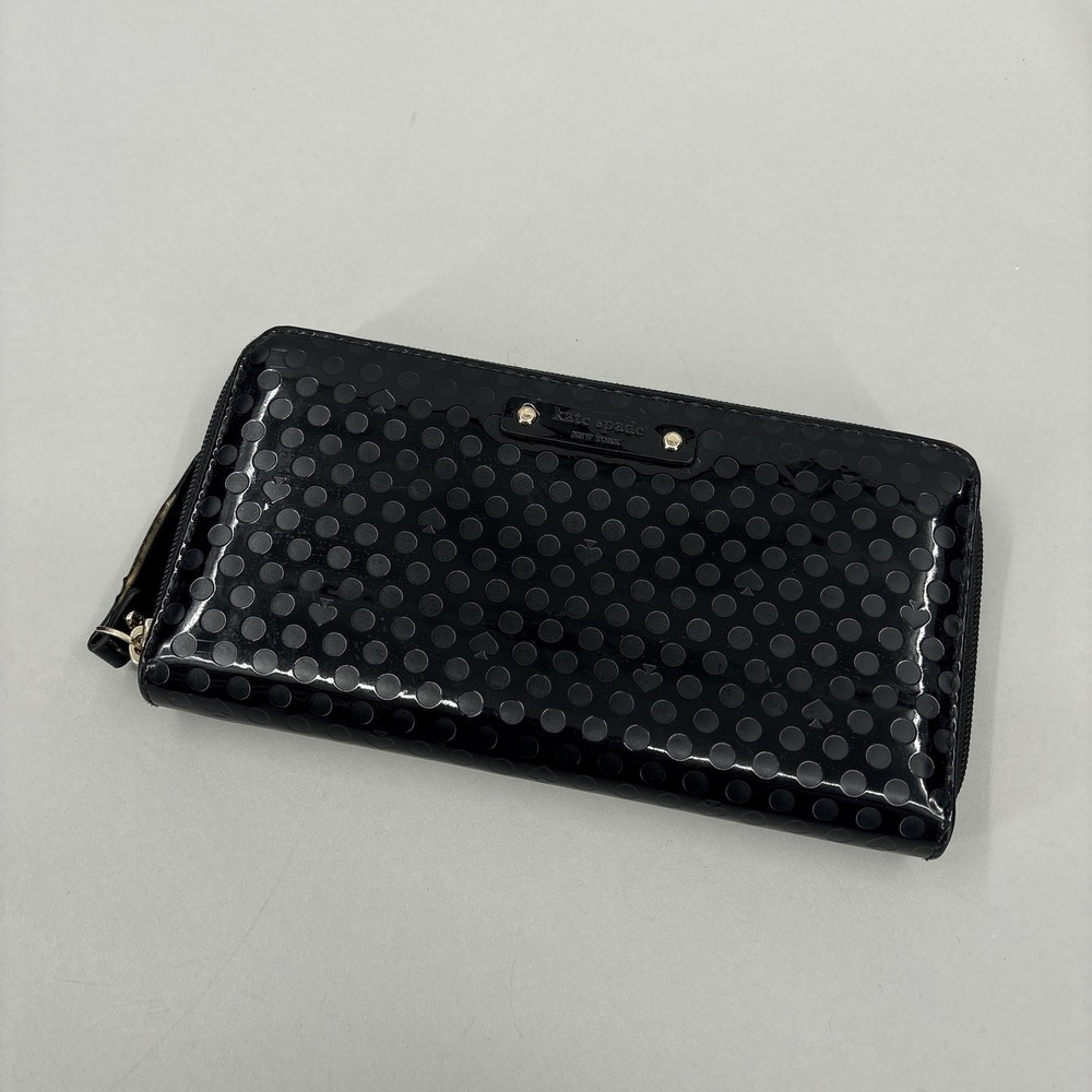 Kate Spade Wallet Womens Black Patent Polka Dot Zip Around Leather Wristlet